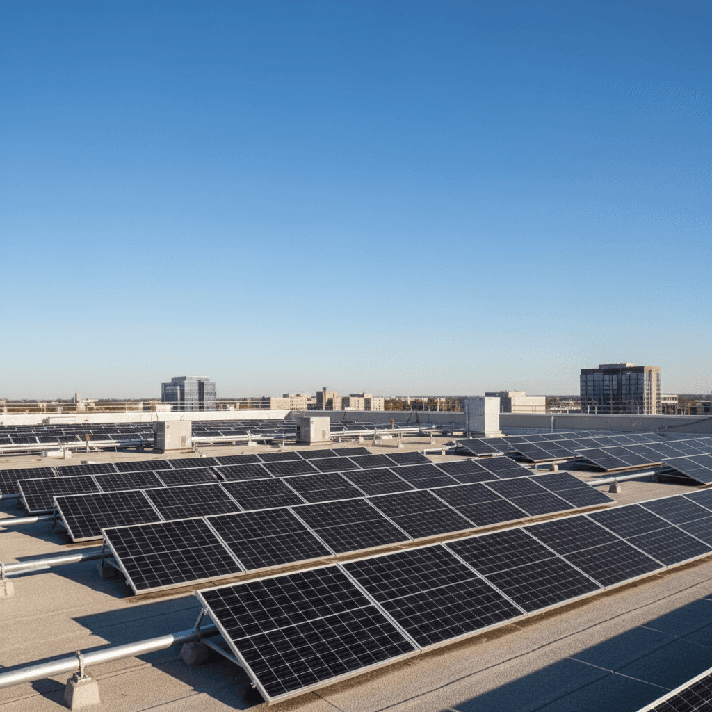Solar panels on commercial rooftop