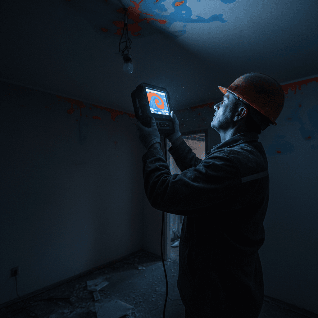 Inspector using thermal imaging camera to scan a room