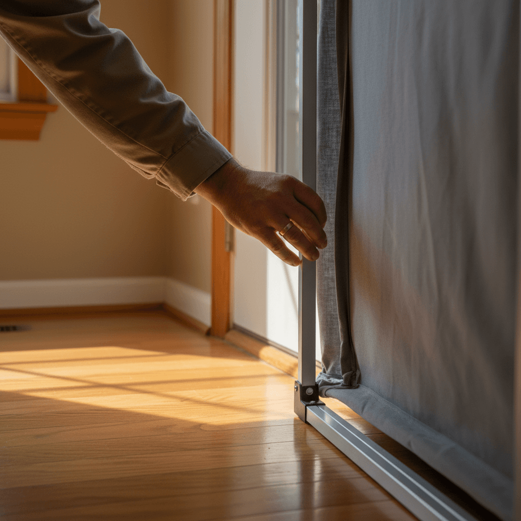 Inspector adjusting a blower door fan in a home doorway