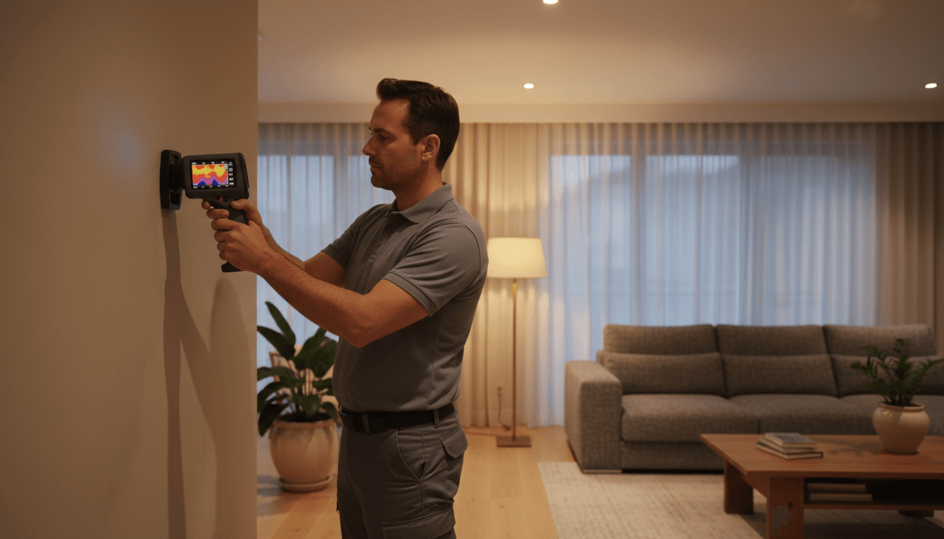 Energy inspector holding a thermal imaging camera pointed at a residential wall inside a home