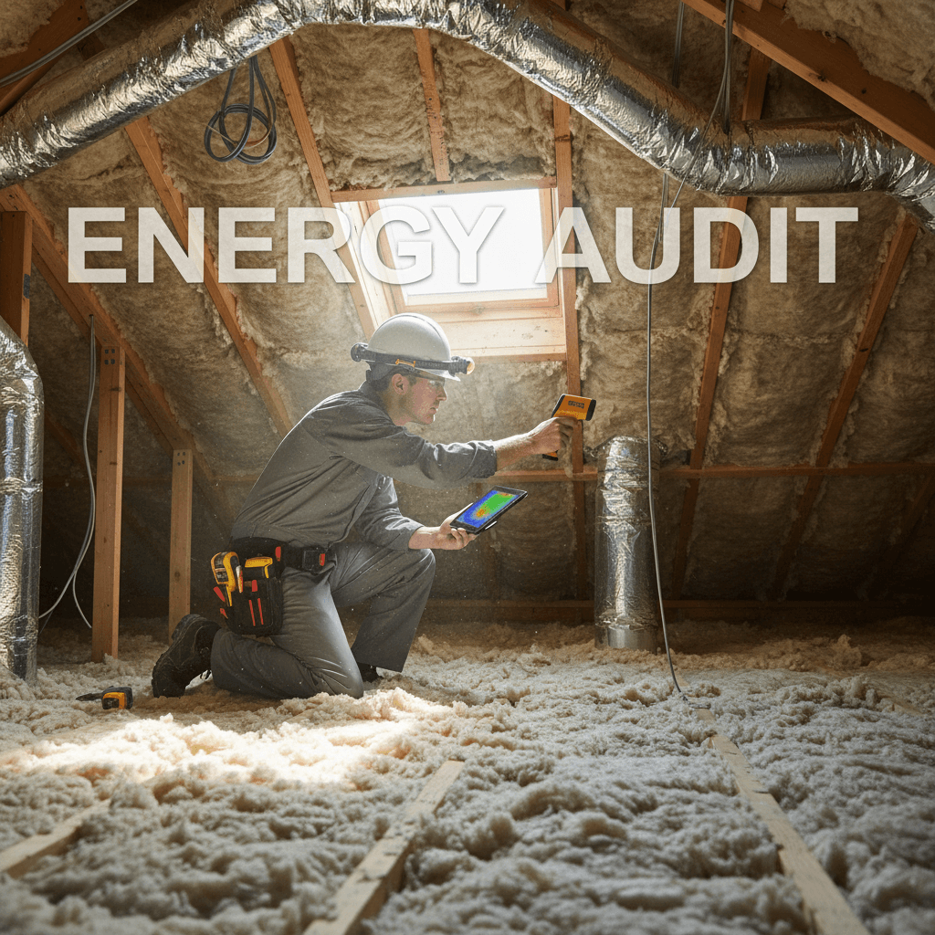 Energy inspector checking attic insulation
