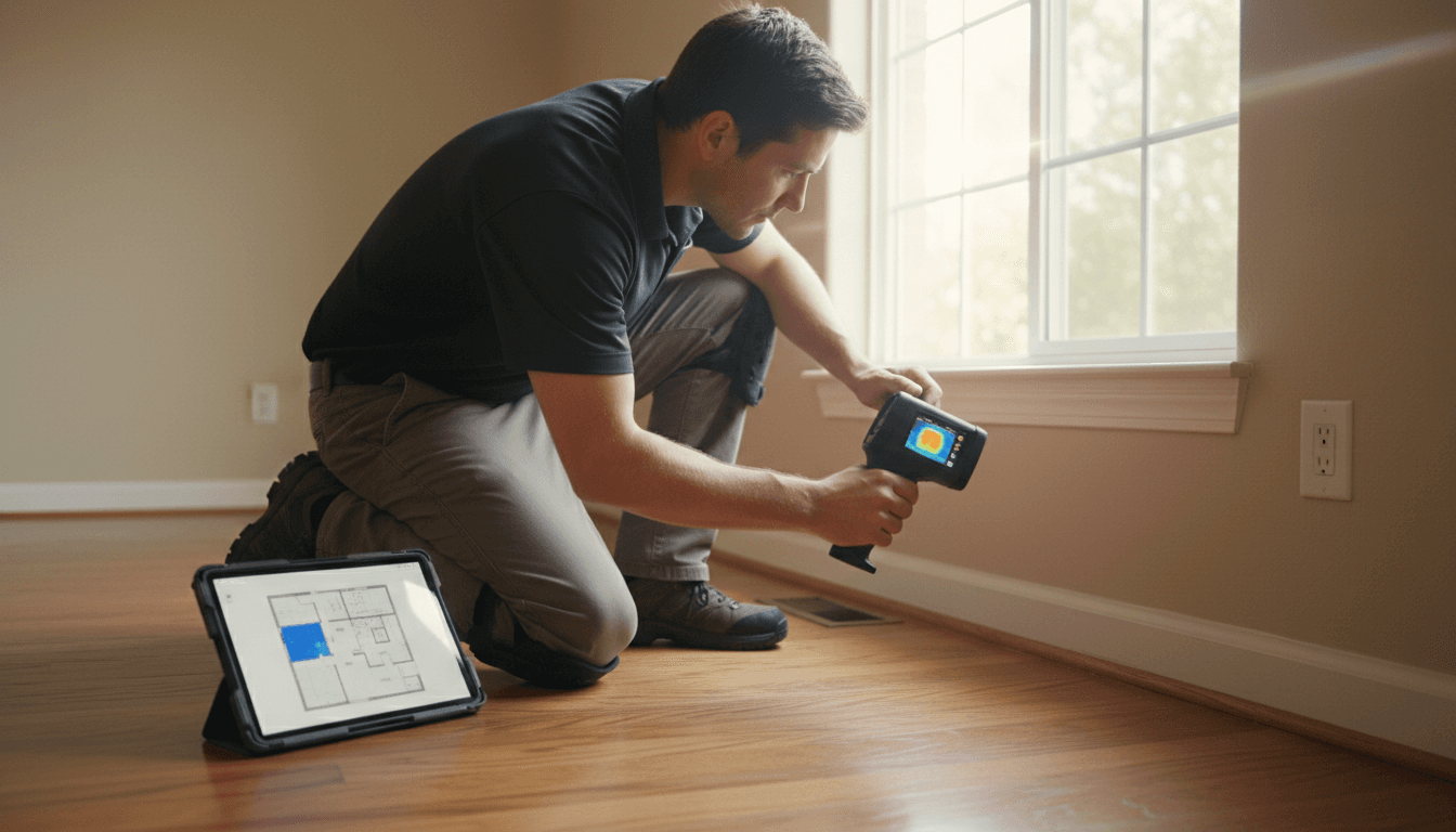 Inspector using a thermal camera during a home energy audit in Folsom