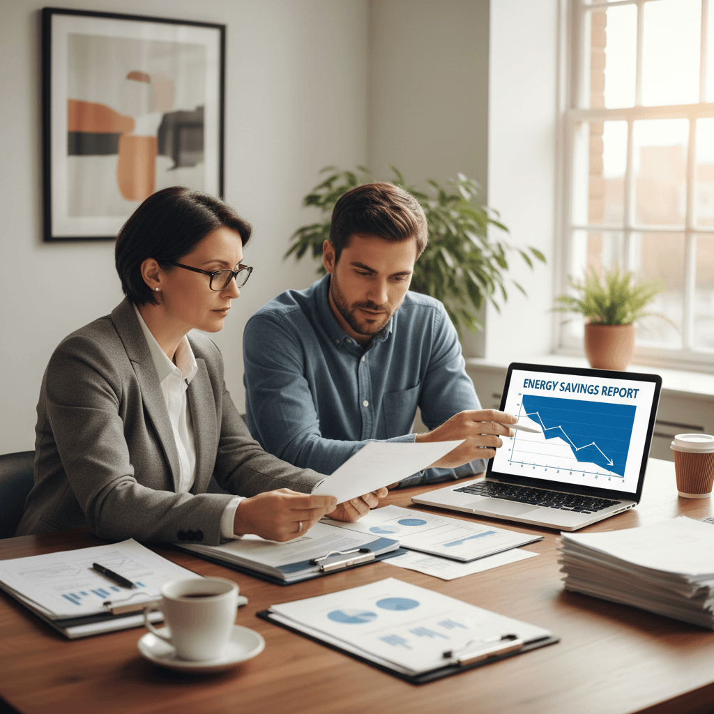 Business owner and energy consultant reviewing documents