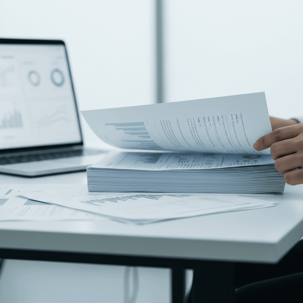 Fan of printed report pages on a desk next to a laptop