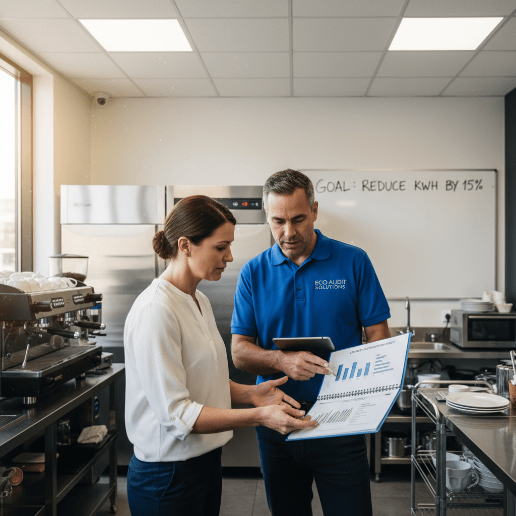 Business owner reviewing energy audit results