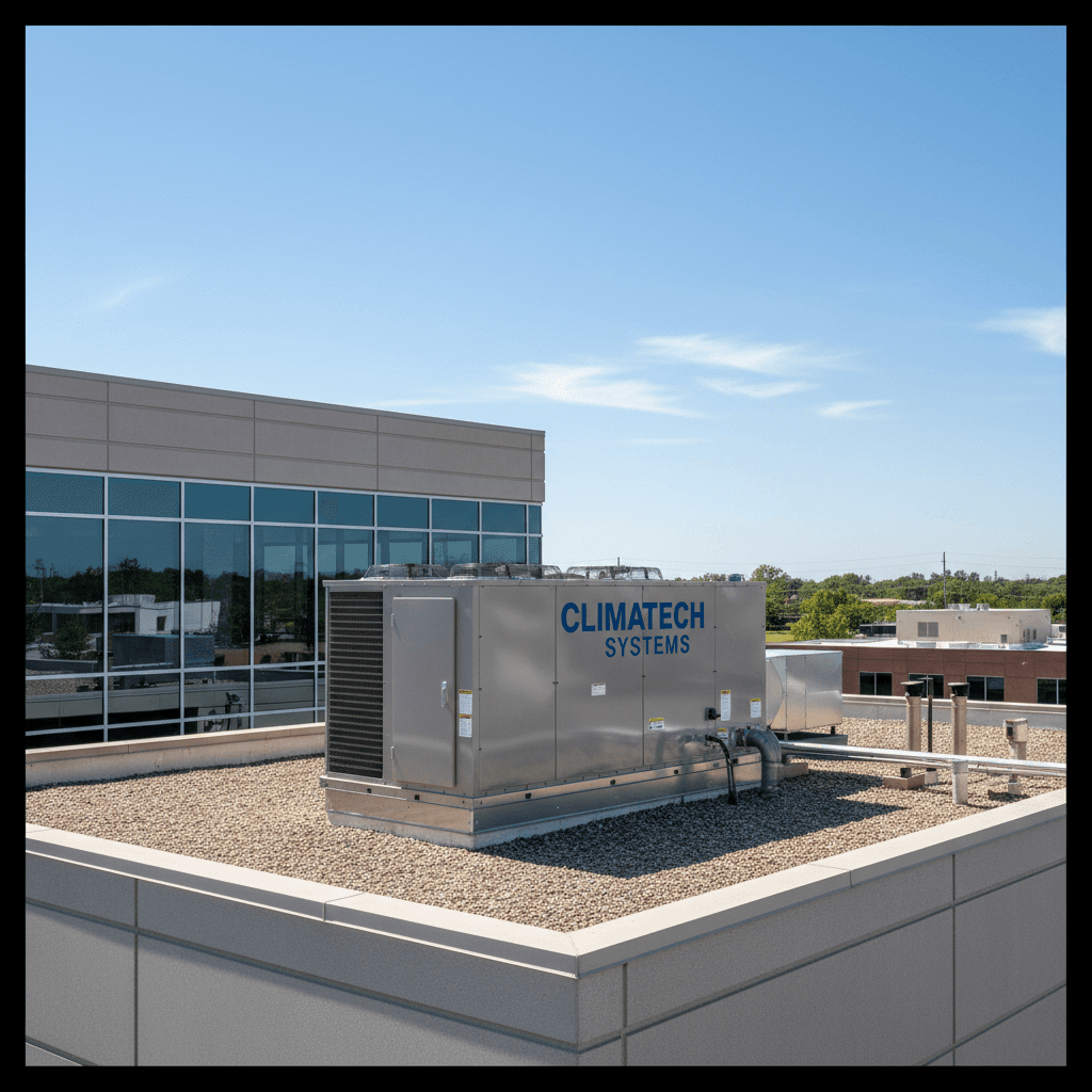 A rooftop HVAC unit on a small commercial building