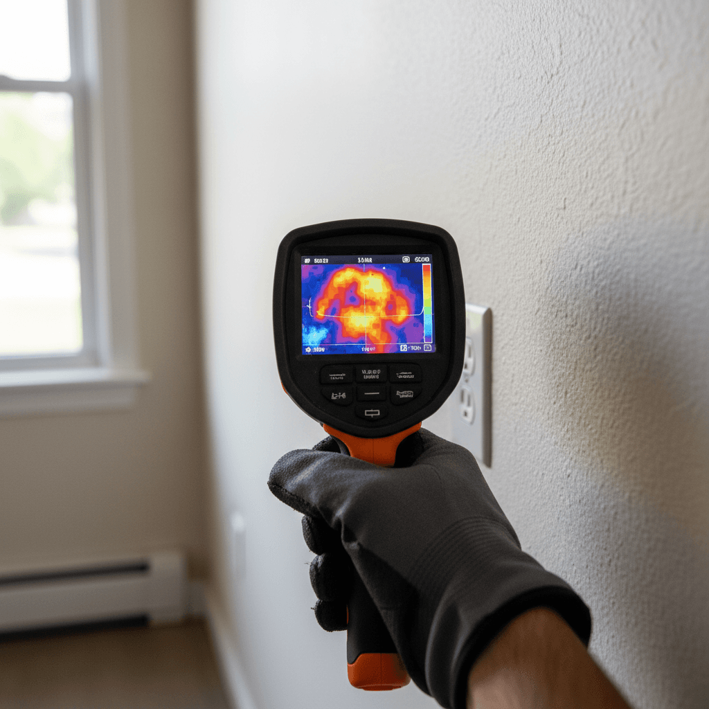 Inspector using thermal camera on a wall