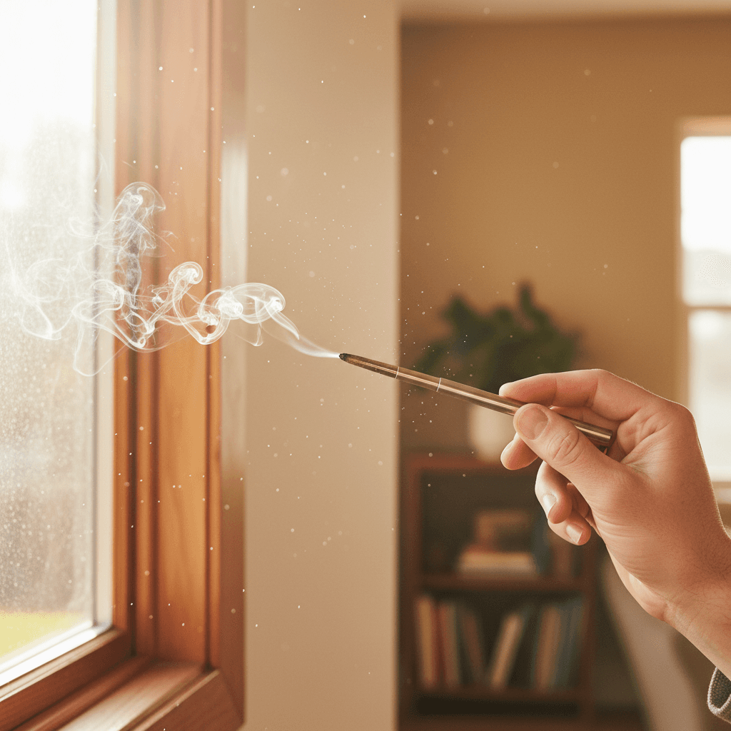 Testing window seal with a smoke pen to detect air drafts in a Rocklin home