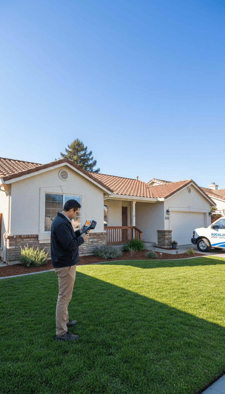 Energy auditor with thermal camera outside a Rocklin home