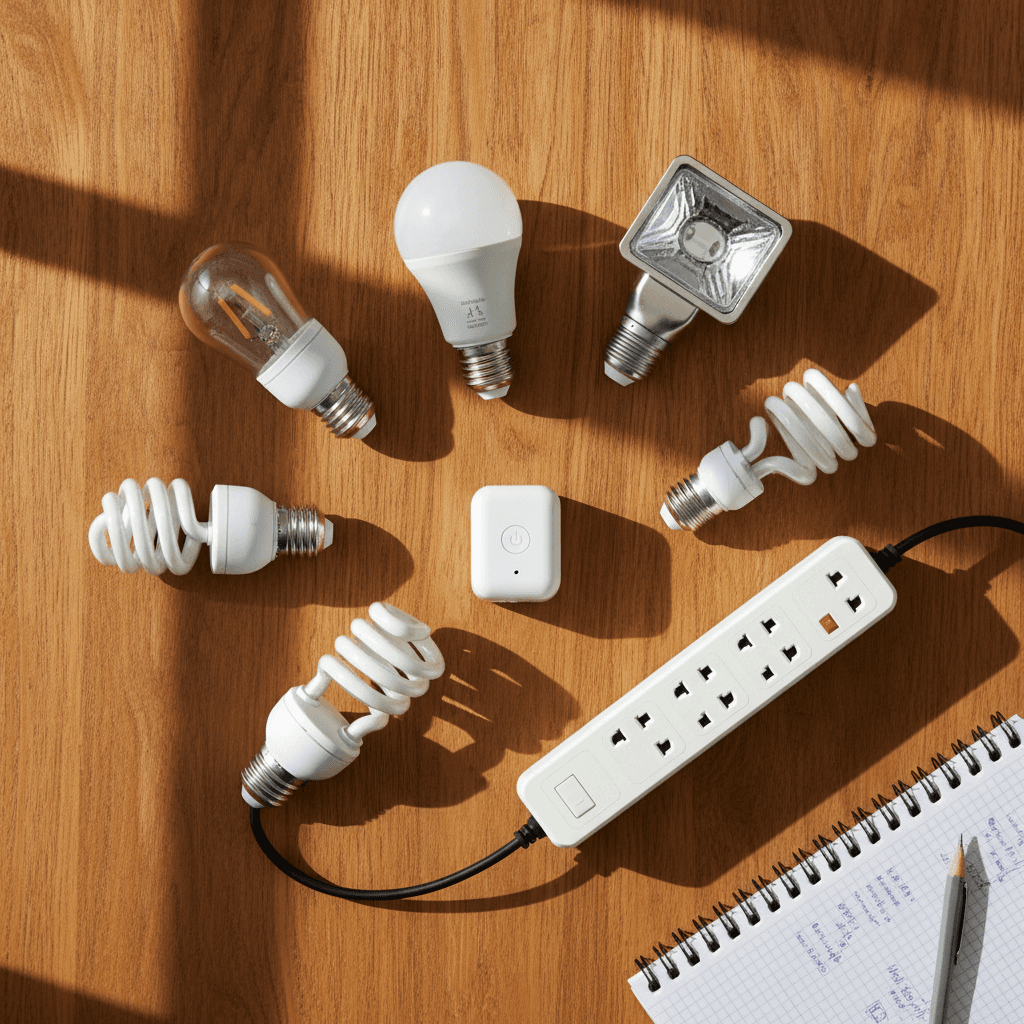 Collection of different light bulbs and a smart plug on table