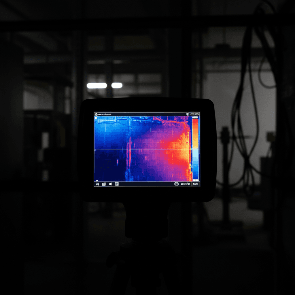 Infrared thermal scan of a home showing temperature variations on a screen