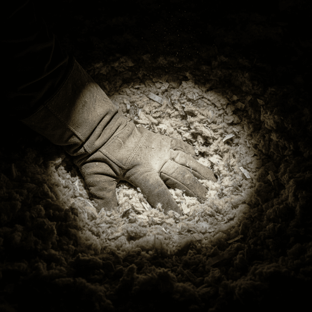 Close-up of inspector examining insulation in an attic