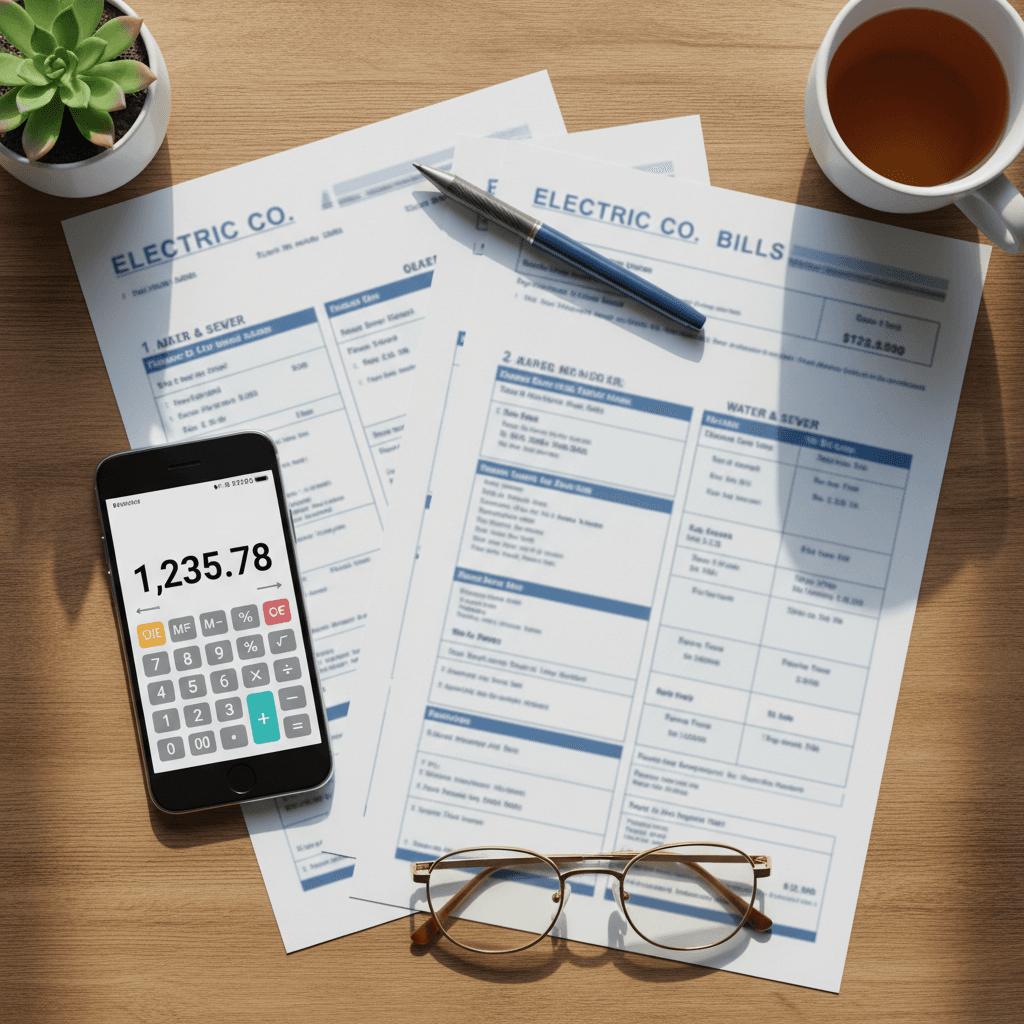Utility bills and a smartphone with a calculator app showing on a wooden table, flat-lay style