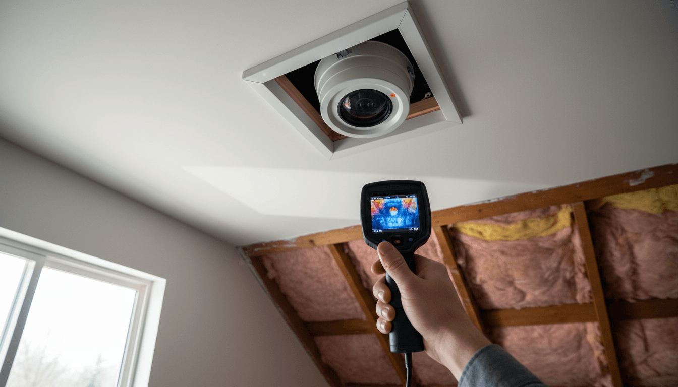 Energy auditor using a thermal camera to inspect an attic in a Folsom home