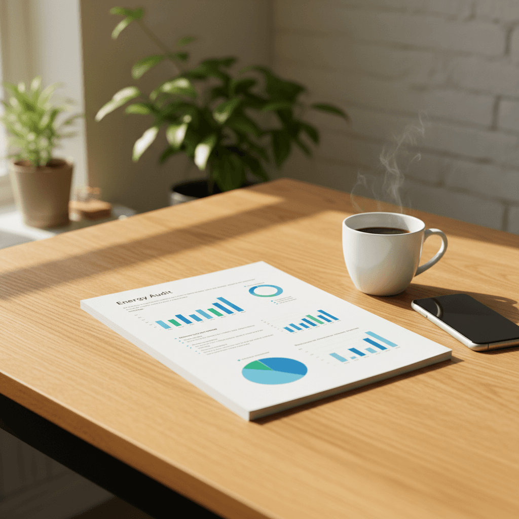Spread open audit report on a kitchen table with coffee and phone nearby