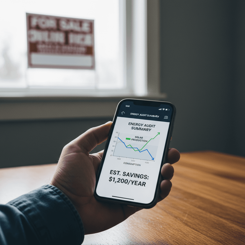 Smartphone showing audit results in front of a for-sale home