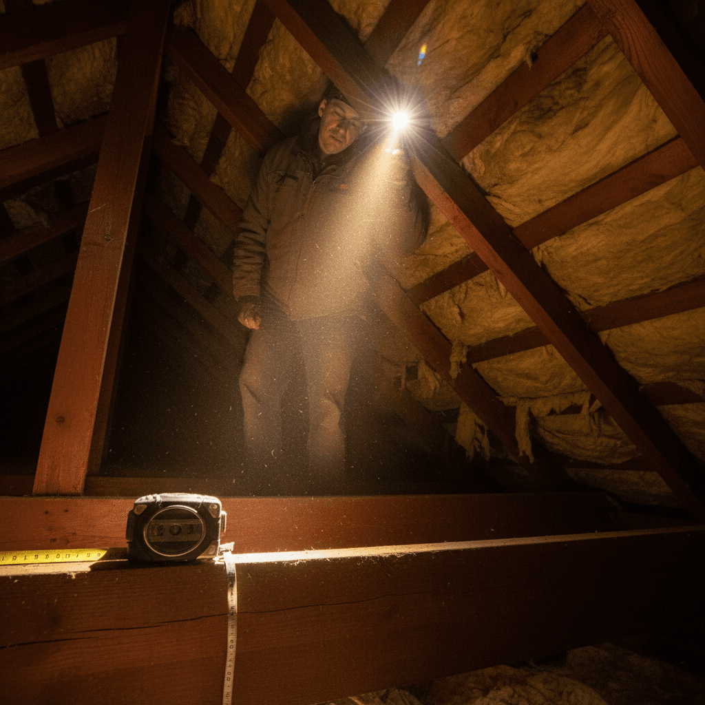 Inspector examining attic insulation and structure