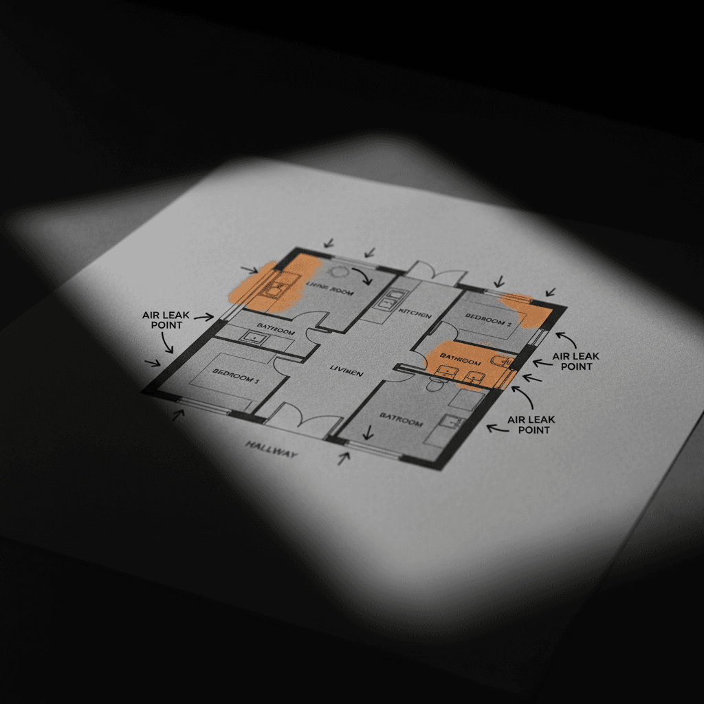Close-up of a floor plan diagram on a report page with air leak markings