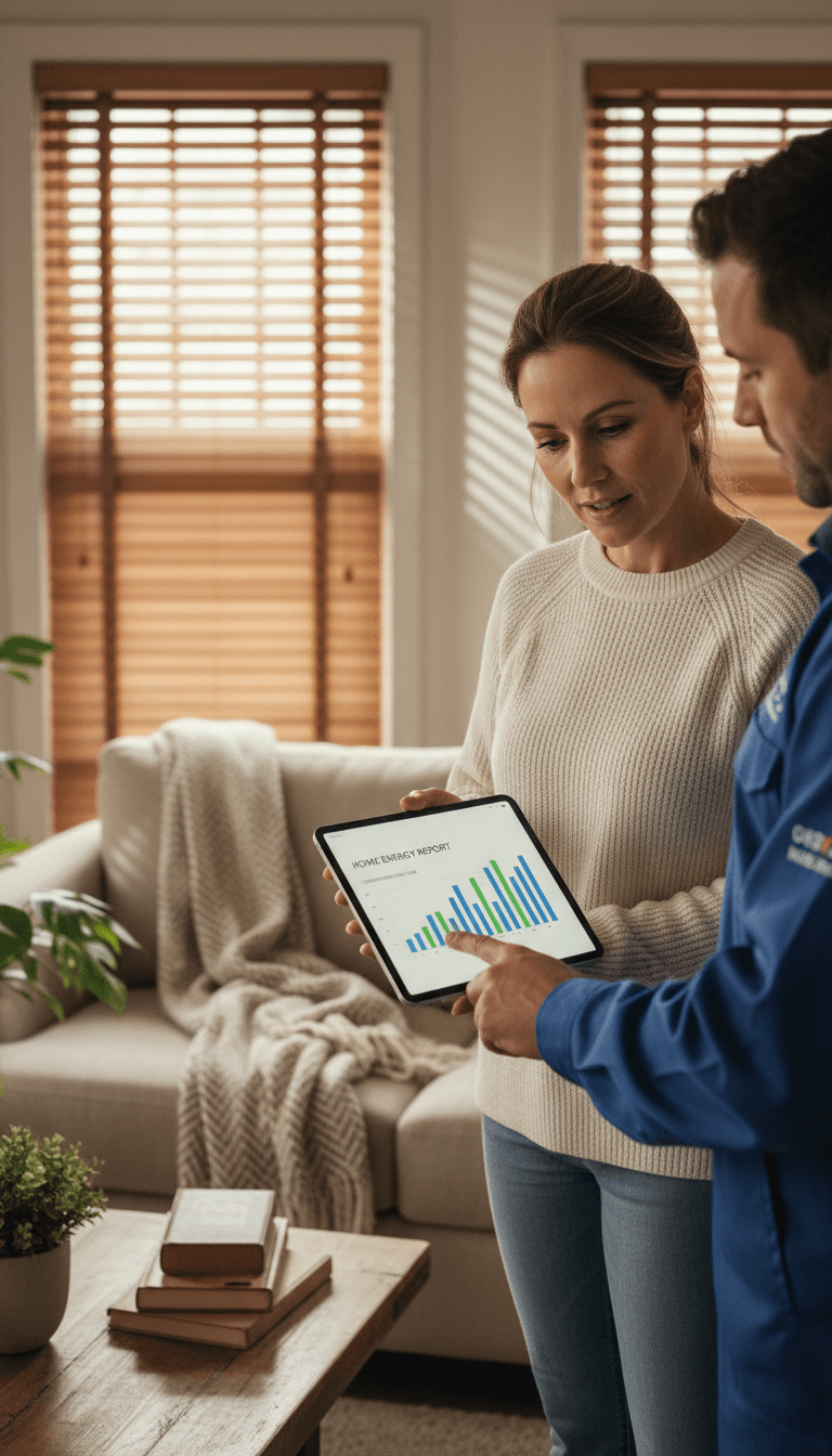 Homeowner reviewing energy audit results with an inspector