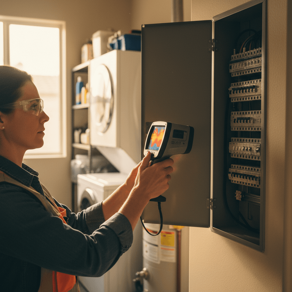 Energy inspector using thermal camera at a residential breaker panel