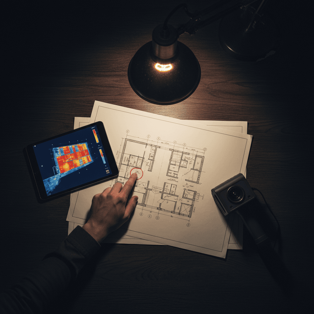 Thermal camera and audit report on a desk next to house plans
