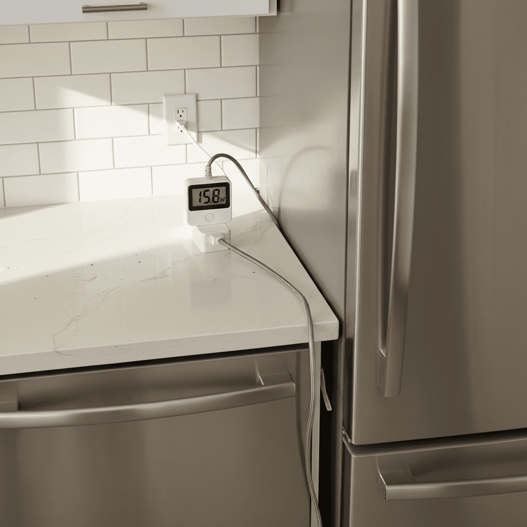 Energy monitor plugged into an outlet showing wattage