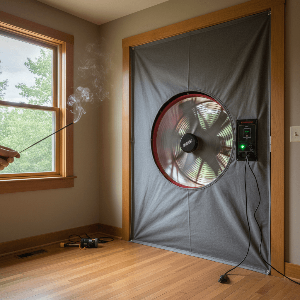 Blower door test installed in a home