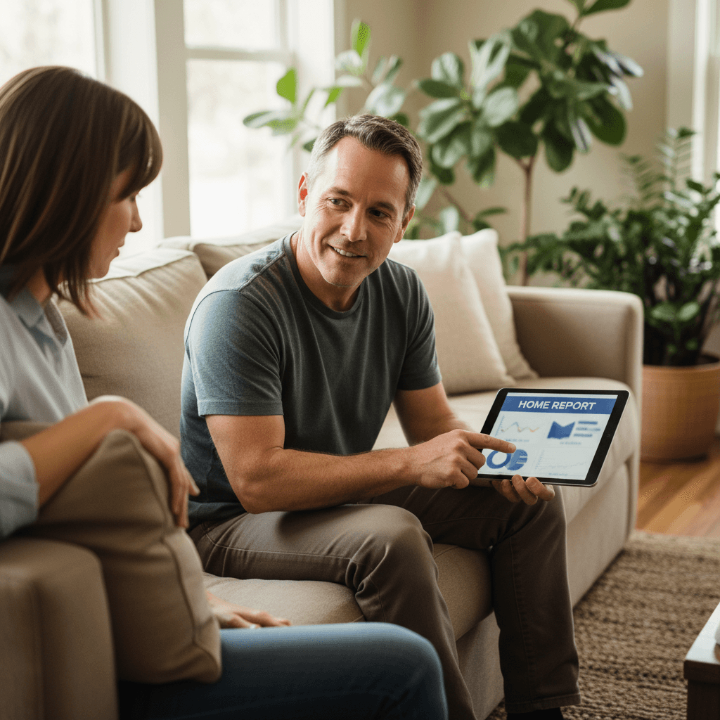 Inspector showing audit data to a homeowner on a tablet