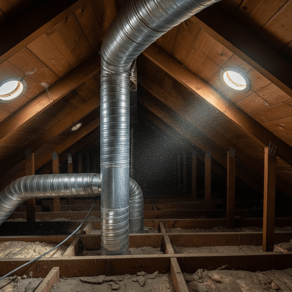 HVAC ductwork inspection in a Rocklin home attic with flashlight illumination