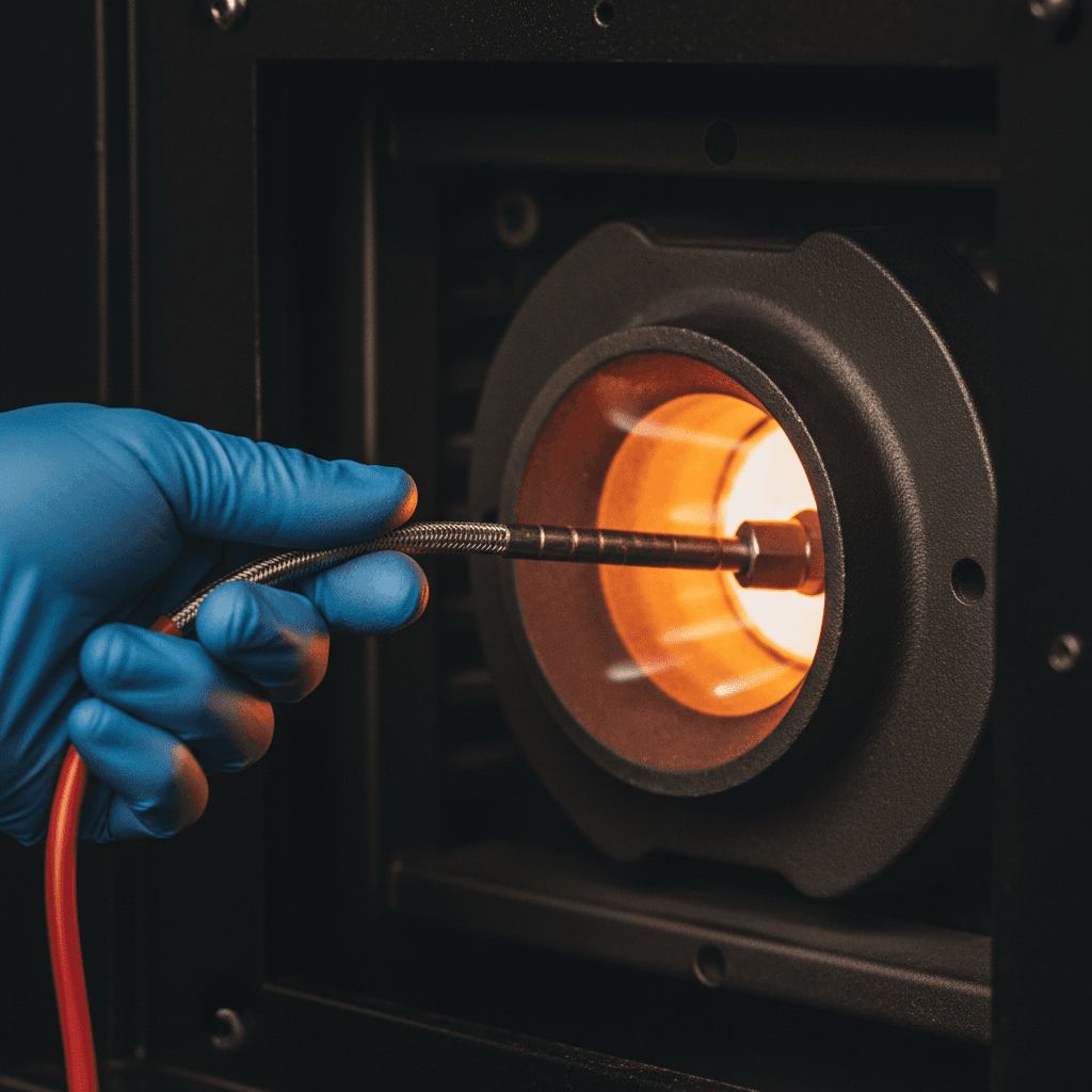 Inspector checking gas furnace combustion with a probe