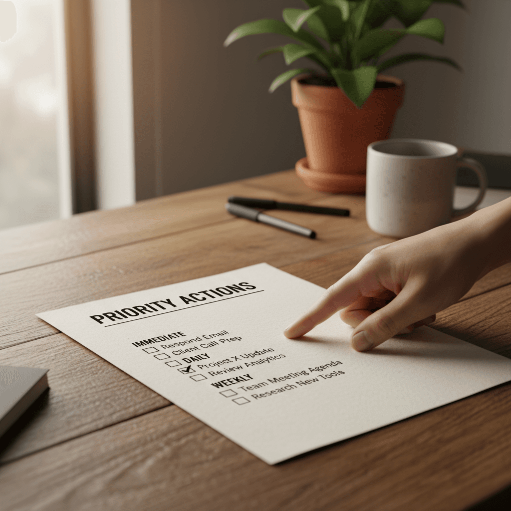 Hand pointing to a prioritized checklist printed on a report on a home office desk