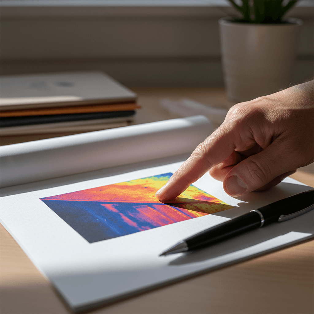 Close-up of inspector's finger tracing a thermal image on a printed report