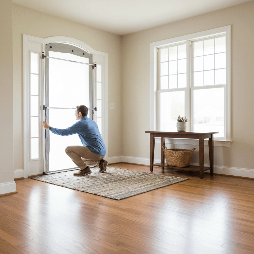 Inspector installing blower door equipment inside a home