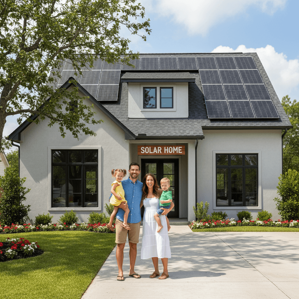 Family at home with solar panels