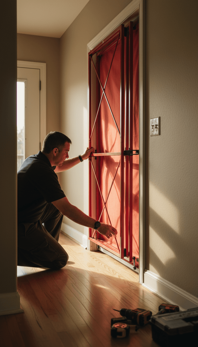 Inspector preparing a blower door for a home energy audit
