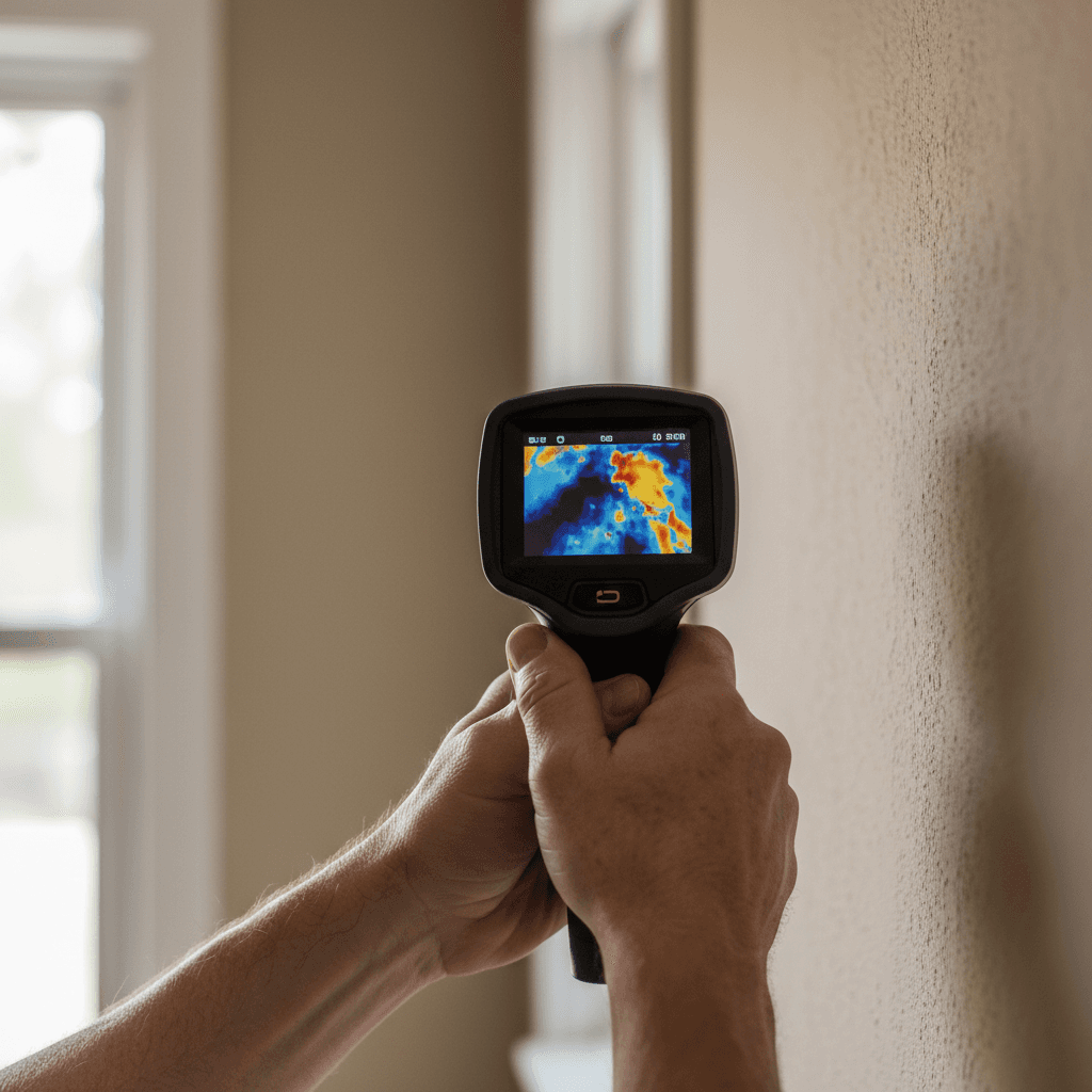 Inspector using thermal camera on a wall