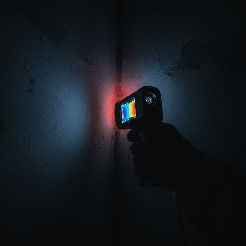 Hand holding a thermal imaging camera pointed at an interior wall corner showing a heat signature pattern on the screen