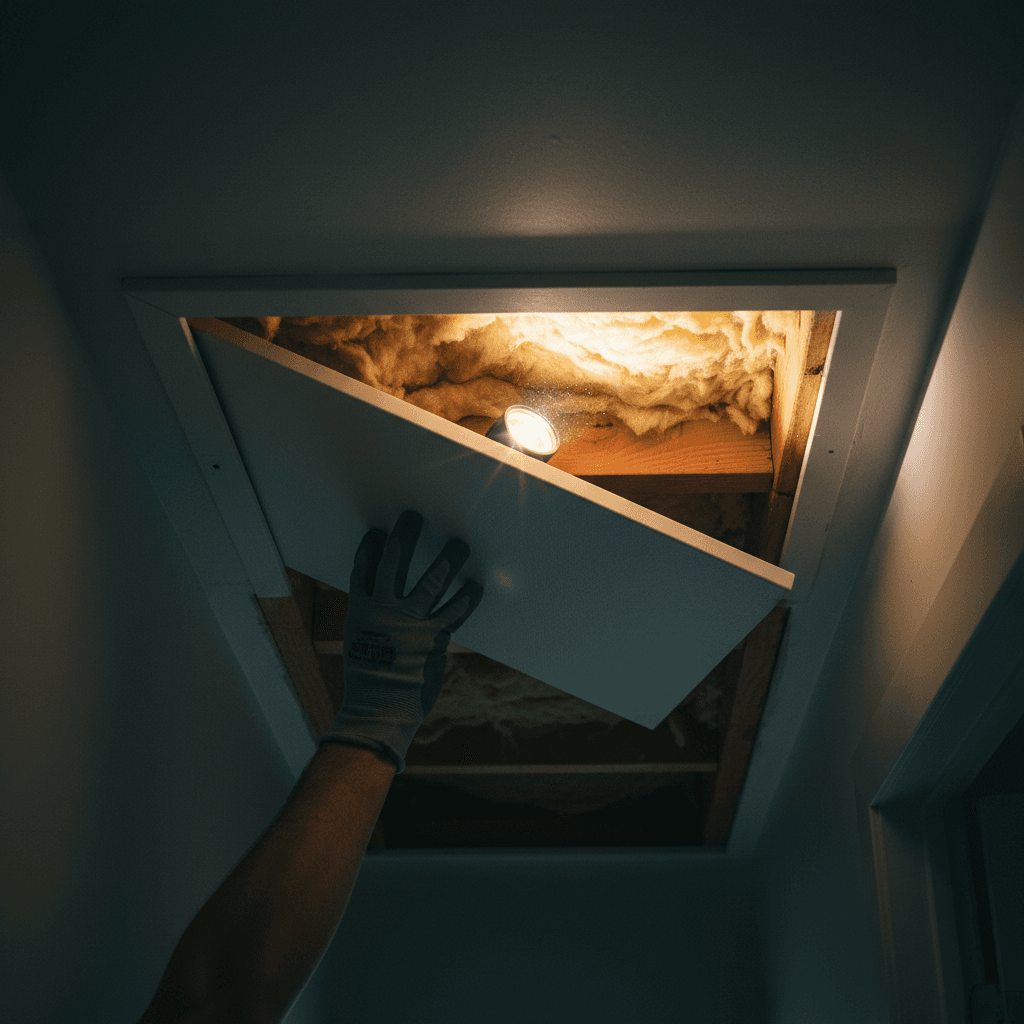 Gloved hand opening an attic access panel