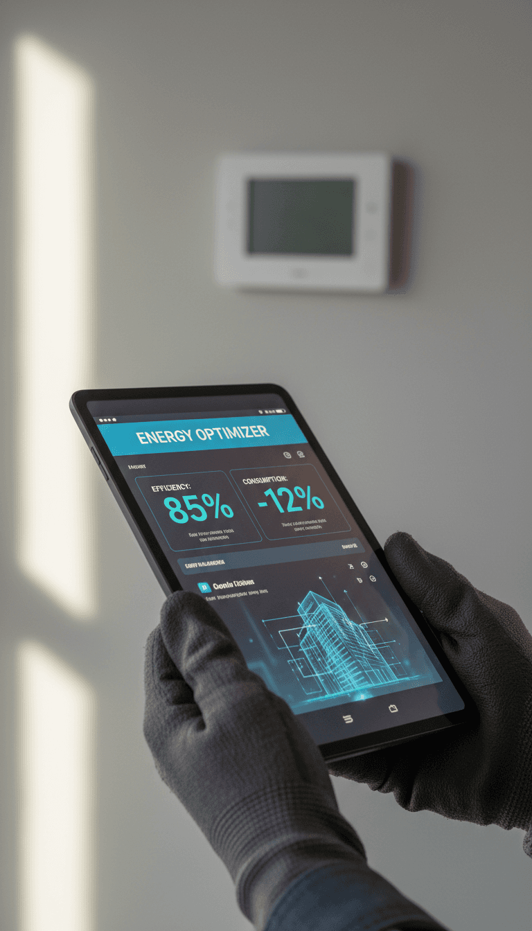 Close-up of AI audit tablet showing energy efficiency data