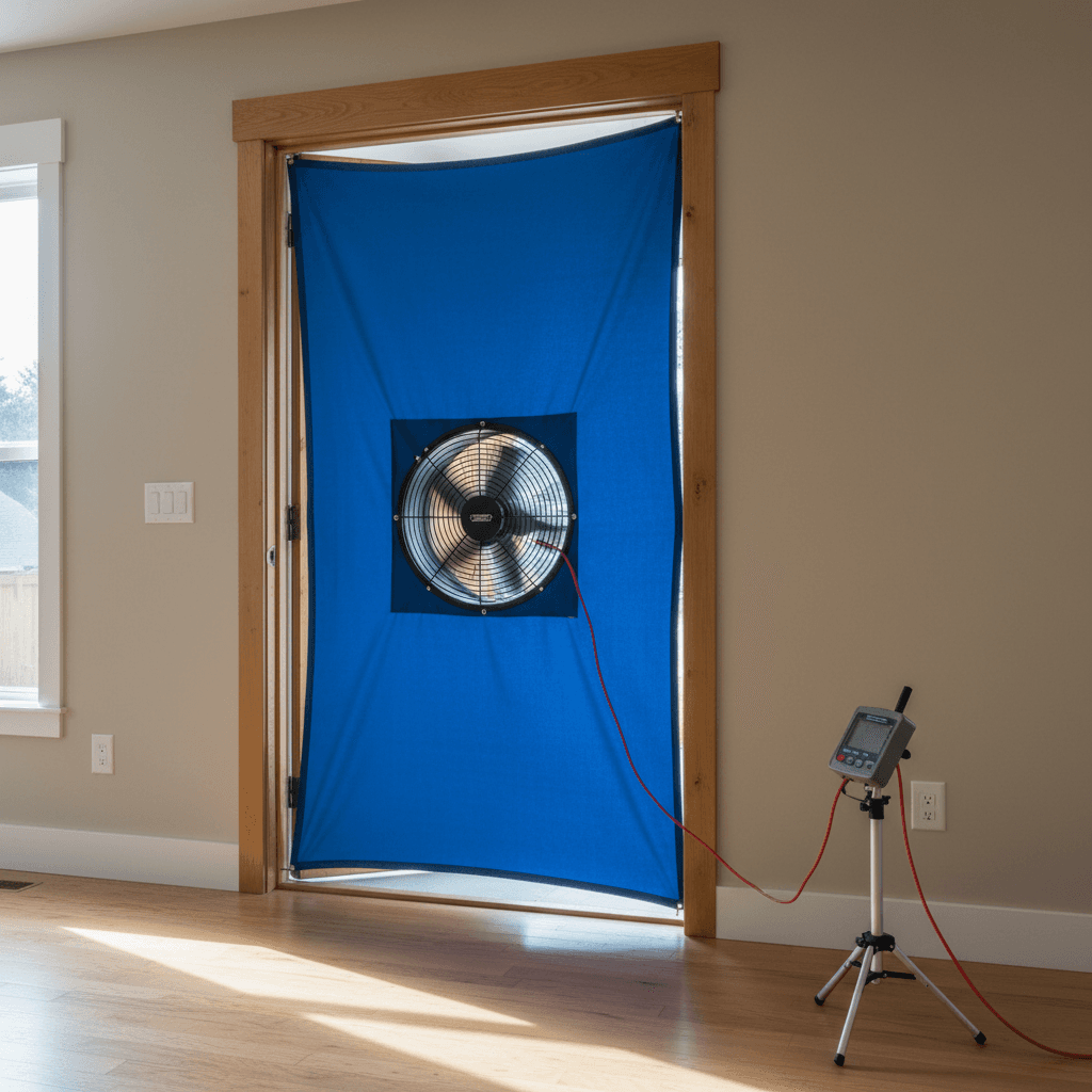 Blower door test setup installed in a home doorway for air leakage measurement
