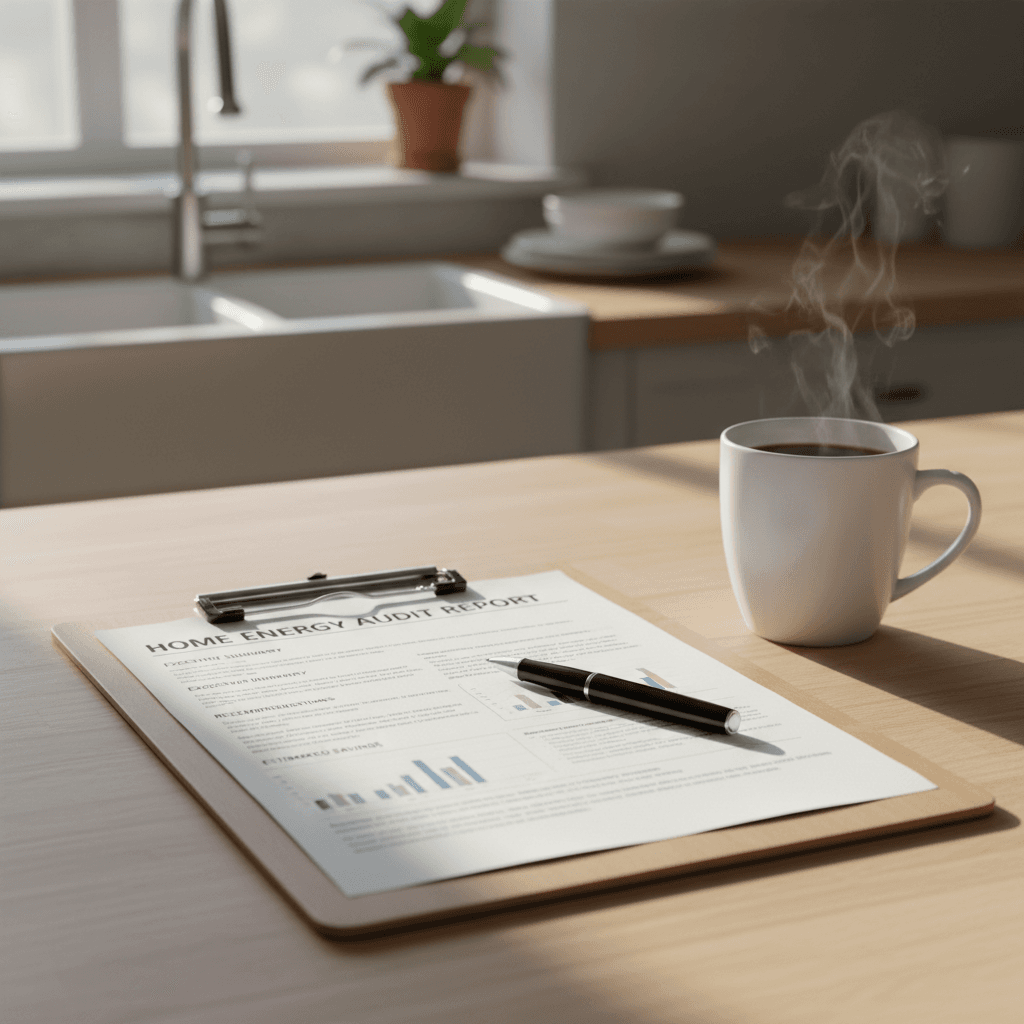Energy audit report on a kitchen counter with a pen and steaming coffee mug