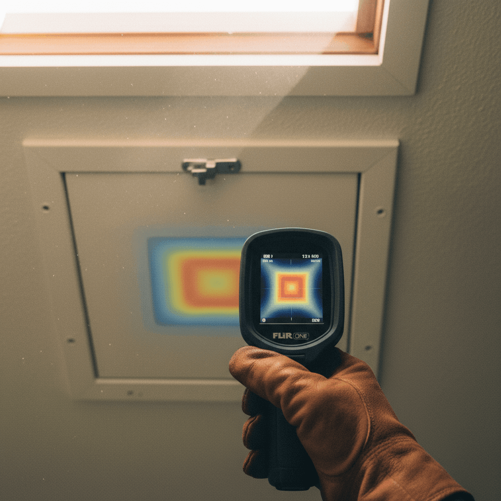 Thermal camera pointed at an attic opening during a home energy audit