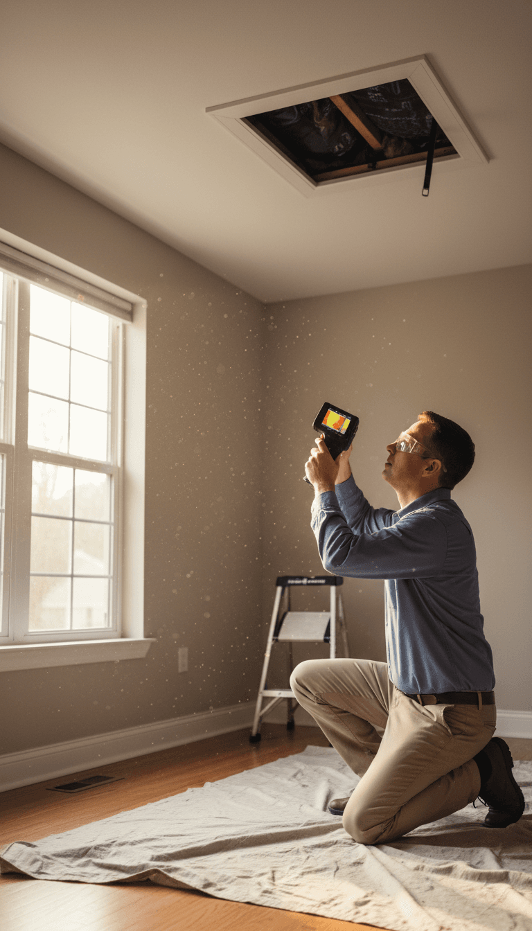 Energy inspector using thermal camera near attic access in Roseville home