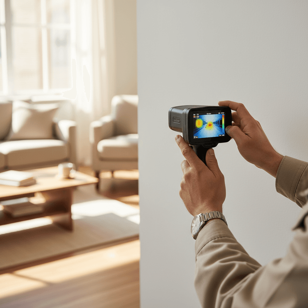Hands using thermal imaging camera on an interior wall