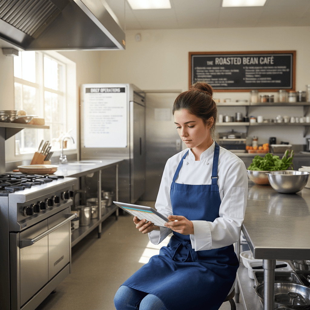 Small business owner reviewing energy upgrade options