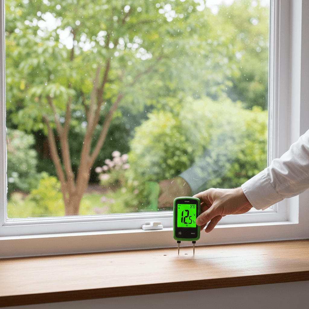 Inspector checking window for moisture with a meter
