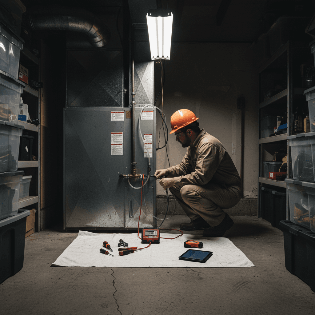 Inspector checking HVAC system with diagnostic tools