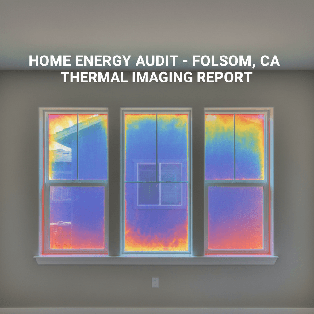 Thermal imaging report showing heat loss through three windows for a Folsom home energy audit.