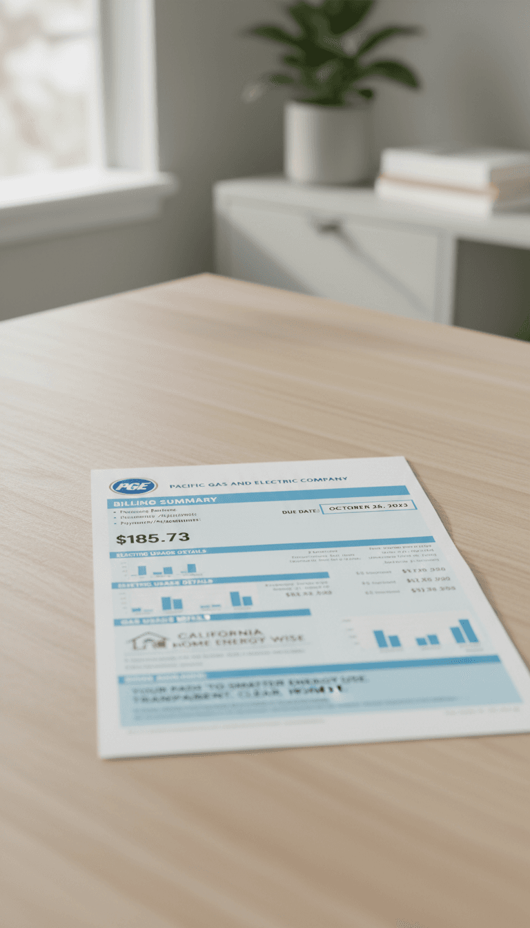Close-up of PG&E bill on a wooden table with clear billing details