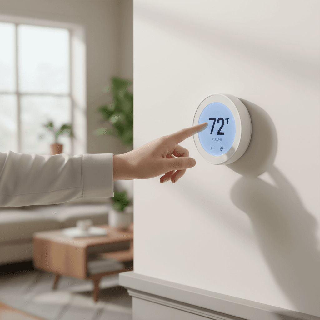 Hand adjusting a smart thermostat on a wall